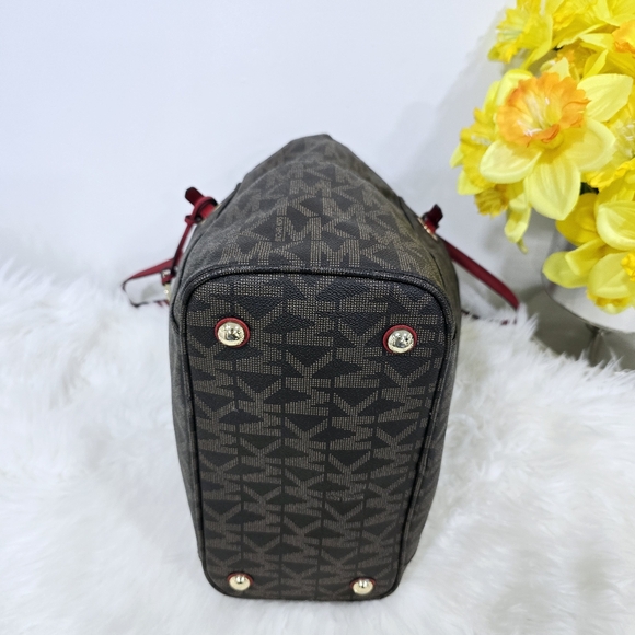 Michael Kors Jet Set Brown/Cherry Signature Logo Tote Shoulder Bag - Picture 9 of 16
